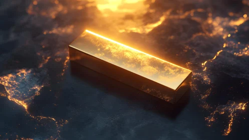 Shiny gold bar on dark reflective surface, dramatic lighting scene.