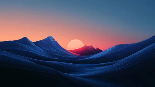 Minimalist digital landscape with sun over layered ridges.