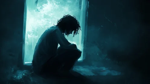 Quiet window reflection with a lone figure in soft blue light.