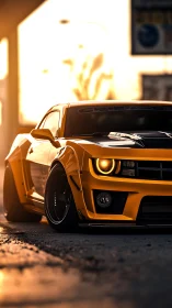 Golden muscle car basking in sunset light and city glow.