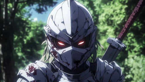 Bloodstained armored knight with glowing red eyes in forest