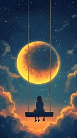 Digital painting of girl on swing beneath luminous full moon.