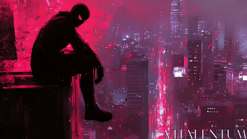 Vigilante silhouette over neon magenta dystopian skyline.