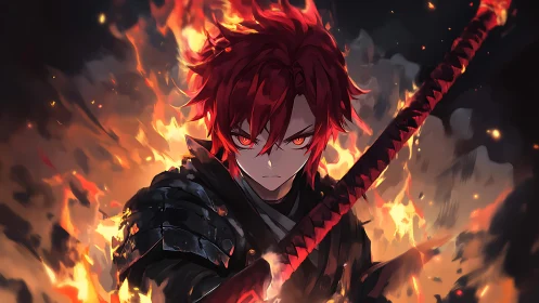 Red haired anime swordsman in black armor amid rising flames.