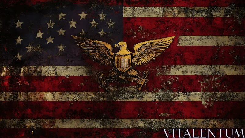 Weathered US flag with golden eagle emblem centerfold.