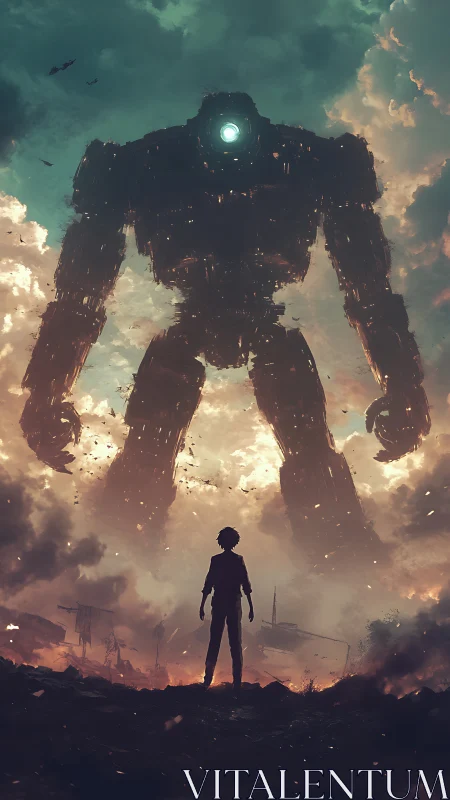 Lone figure confronting colossal mech in burning sky.