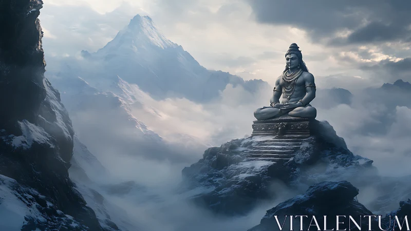 Meditating mountain deity statue above drifting storm clouds.