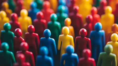 Colorful crowd of tiny toy people marching into soft focus.