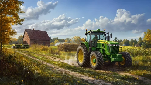 High-power green tractor on country dirt track at harvest