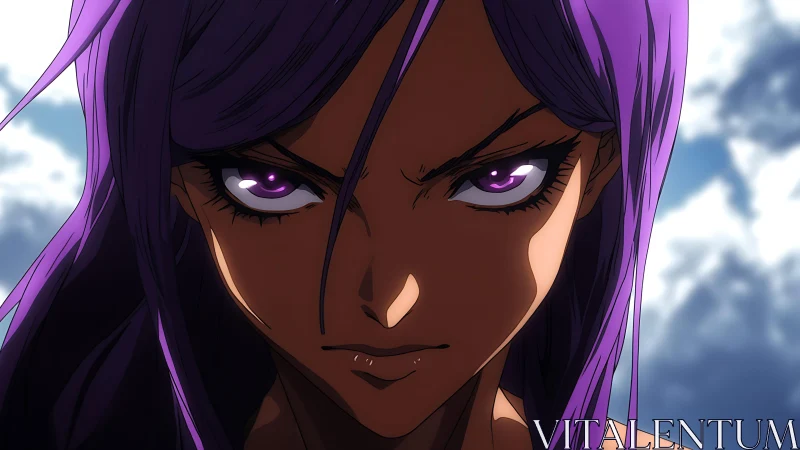 Purple-haired anime warrior with intense glare close-up.