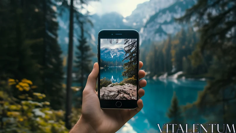 Hand holding smartphone framing blue mountain lake view.