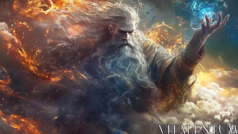 Mythic storm deity manipulates fire and lightning in swirling nebula