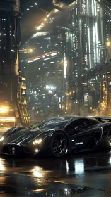 Sleek black supercar waits under neon lights in rainy city