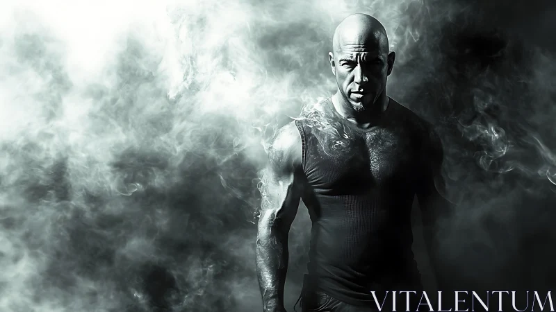 Storm-lit strength emerging from swirling studio smoke.