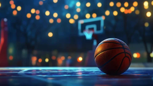 Night court glow with a lone basketball waiting quietly.