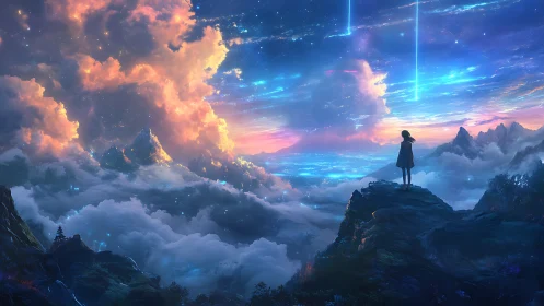 Stargazing child above nebula valleys and electric dusk sky.