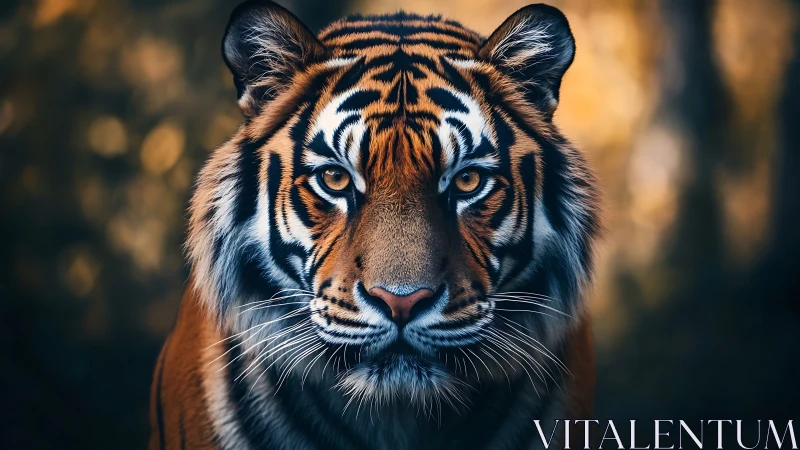 Tiger portrait with sharp detail and soft forest bokeh background.