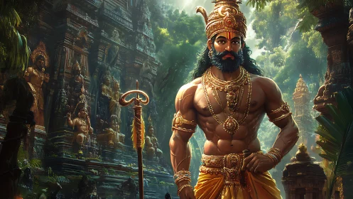 Muscular warrior stands before ornate jungle temple ruins