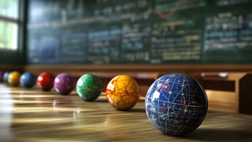 Colorful physics globes line reflective classroom desk.