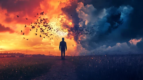 Silhouette dissolves between bifurcated sunset and storm sky