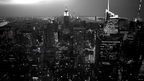 Black and white nighttime skyline over dense cityscape.