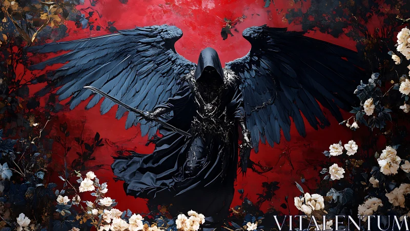 Dark angel of death hovers over crimson floral abyss