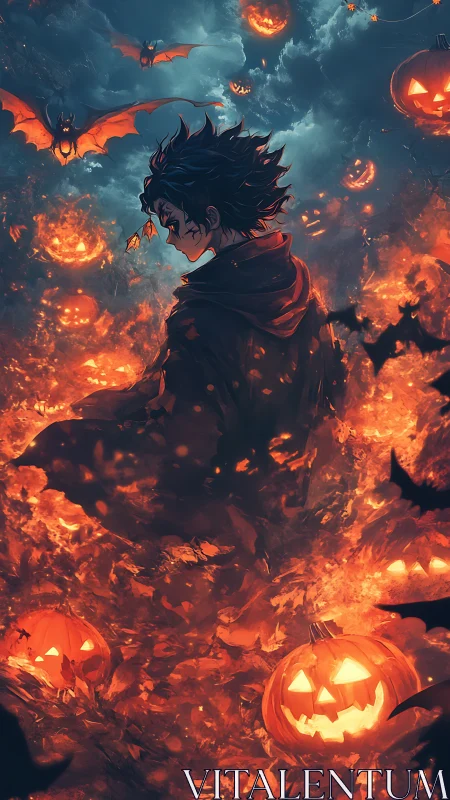 Stormlit Halloween mage wandering through glowing pumpkins.