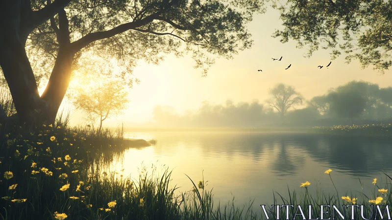 Backlit lakeside meadow captures low-angle sunrise haze and depth