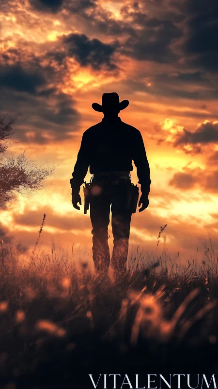 Lone cowboy strolls through golden sunset prairie calm.