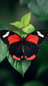Butterfly rests on leaf with symmetric red and black wings