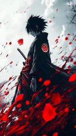 Dark anime swordsman walks through crimson storm of petals.