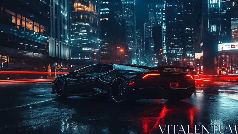 Cyberpunk supercar in neon-soaked nocturnal streetscape composition.