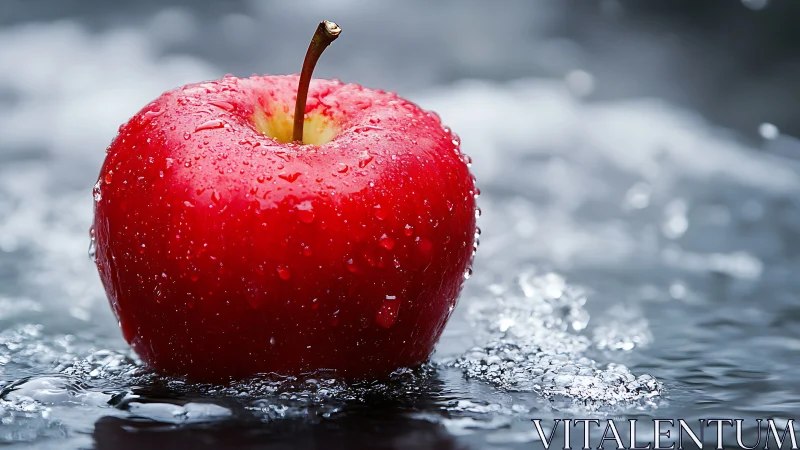 Red apple macro on reflective water with crisp droplets.