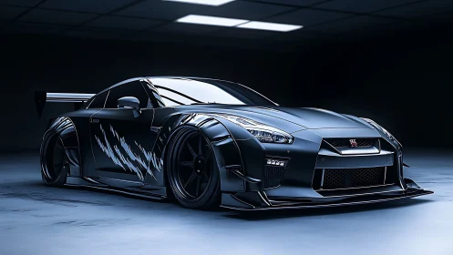 Matte black widebody Nissan GT-R under studio lights.
