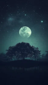 Backlit lunar rise behind silhouetted trees with reflective water