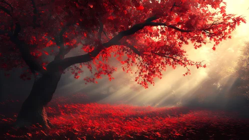 Red-leafed tree extends over forest floor in directed sunlight