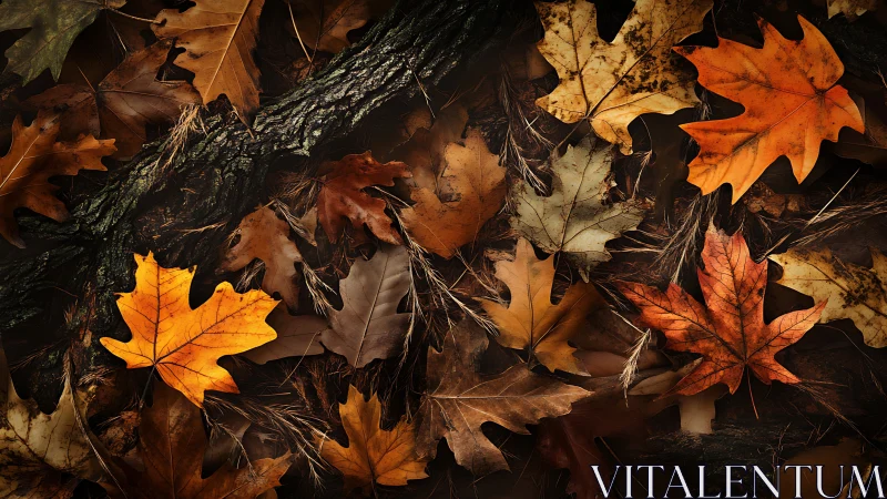 Dry autumn maple leaves scattered on forest floor surface.