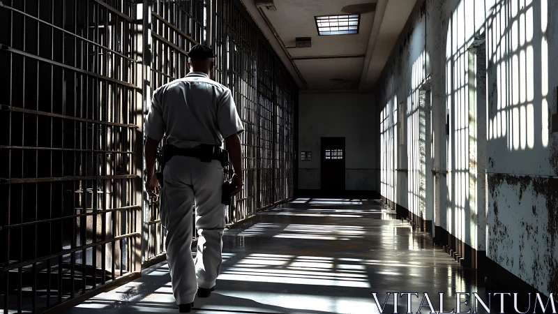 Prison guard walking down dim cellblock corridor alone.