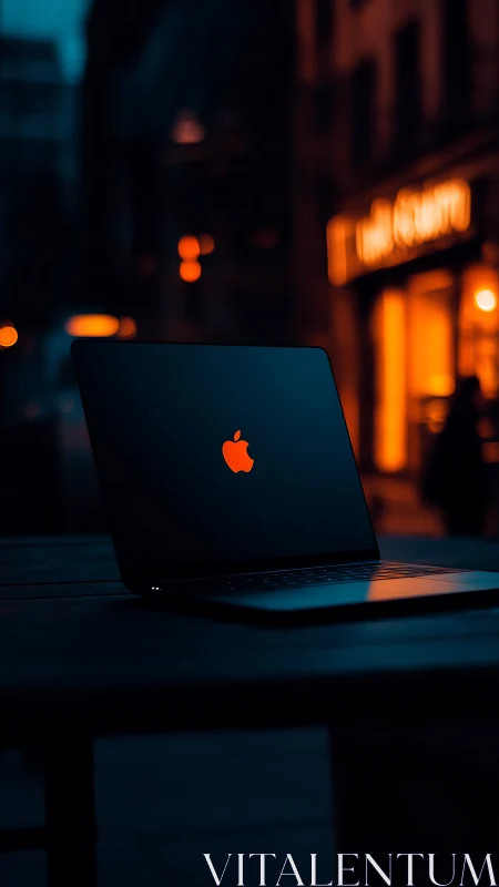 Sleek laptop glows in neon city night ambience.