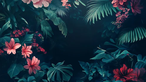 Tropical Garden Frame with Pink Flowers and Teal Foliage.