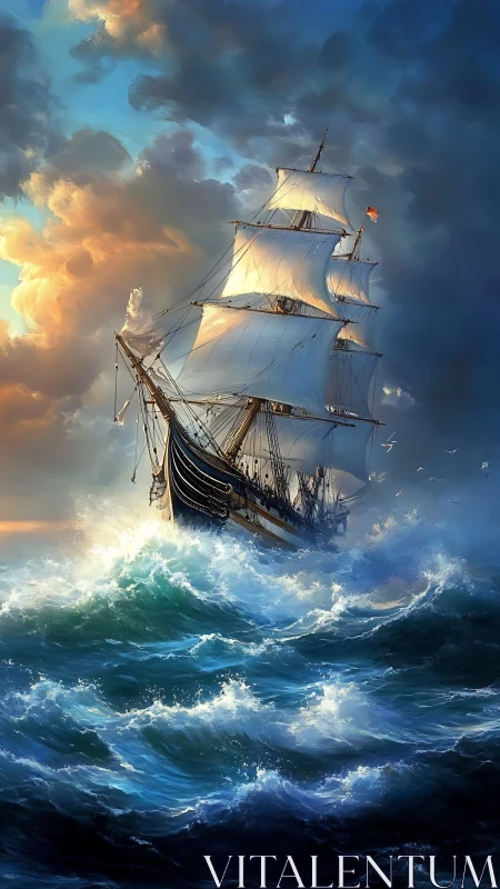 Tall ship battles rough teal waves under dramatic sky.