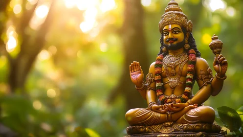 Golden Hindu deity statue sits in forest sunlight