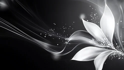 Abstract luminous petals unfold in flowing monochrome light.