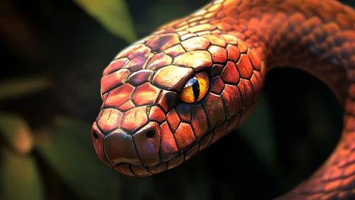 Detailed close-up render of orange-scaled snake head.