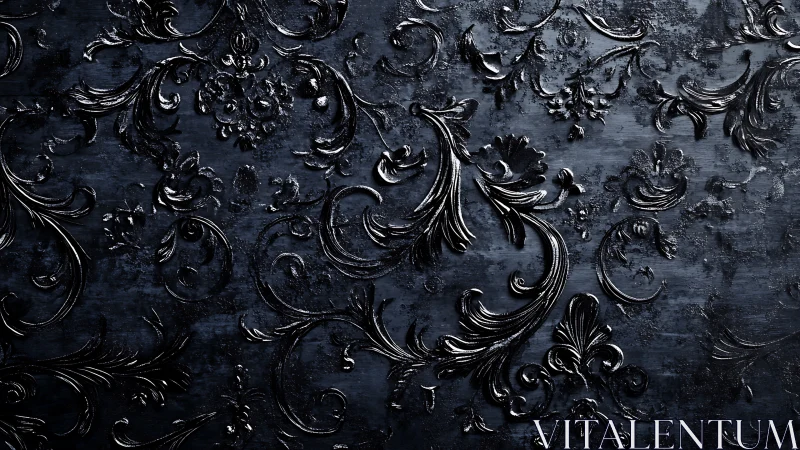 Dark embossed floral baroque pattern on textured surface.