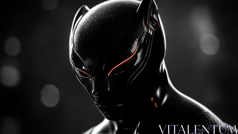 Futuristic black armored feline helmet with red accents.