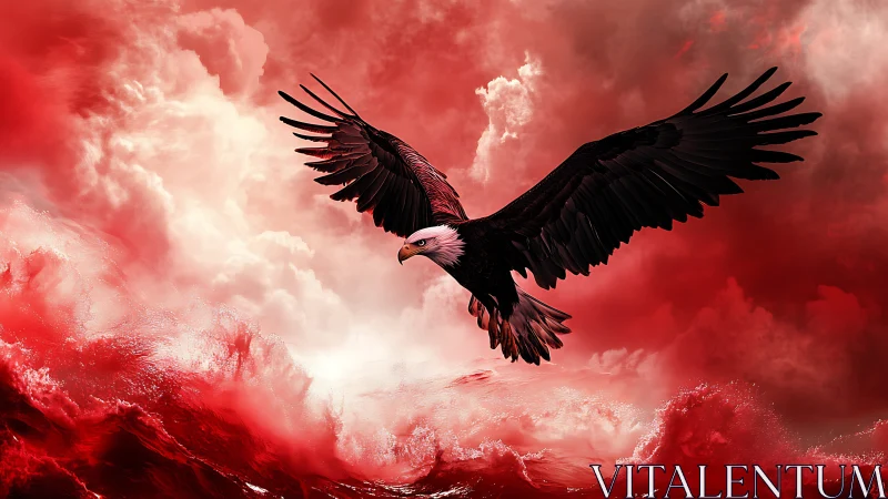 Crimson storm eagle carving fierce light through scarlet sky.