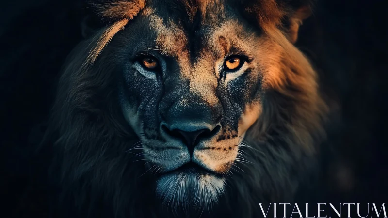 Golden eyed lion emerges from shadow in moody close up