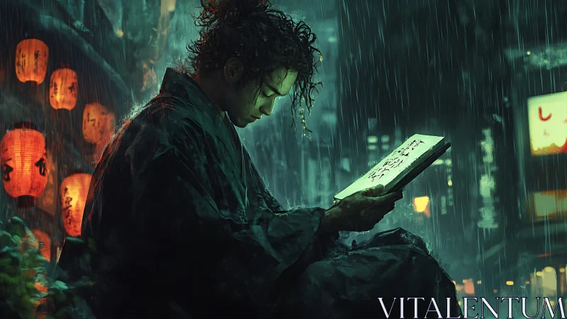 Samurai studies glowing manuscript in neon-soaked night rain