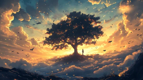 Sunset dream tree welcomes a quiet skyward wanderer
